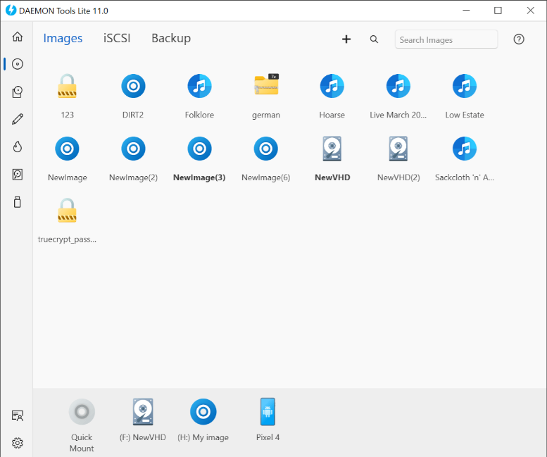 DAEMON Tools Lite كتالوج الصور مع صور الأقراص والأقراص الصوتية المضغوطة وحاويات VHD وTrueCrypt